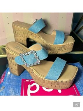 pop Light Blue Denim Platform Sandals with Rhinestone Buckle